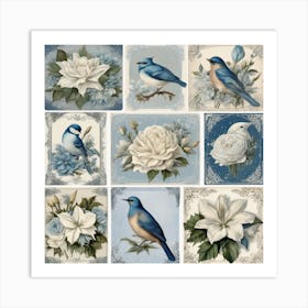 Blue Birds And Flowers Art Print