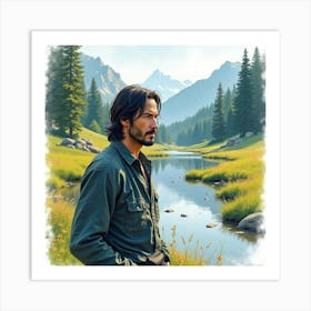 Watercolor Painting Of Keanu Reeves Near A Peaceful Mountain Stream Art Print