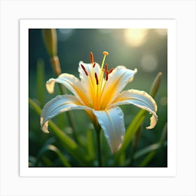 A Radiant Lily With Petals Like Flowing, Crystalline Ribbons In A Dreamlike Meadow 1 Art Print