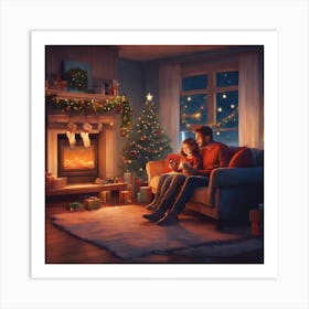 Christmas Family Sitting In Front Of Fireplace Art Print