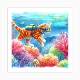 Scuba Diving Cat Art Print
