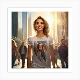 Confident Young Woman Smiling Radiantly Dressed In A Trendy T Shirt Stands At The Center Of A Bus (4) Art Print