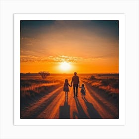 A Family Immersed In A Content Moment Walking Hand In Hand Against A Background Of A Sunset Graduall (2) Art Print