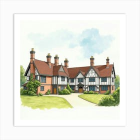 Watercolor View Of The Gawsworth Hall In Cheshire, Showcasing Its Tudor Design And Picturesque Surroundings Art Print