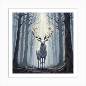 A White Stag In A Fog Forest In Minimalist Style Square Composition 38 Art Print