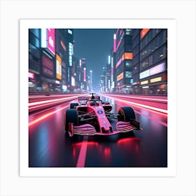 Formula Car Racing On A Futuristic Neon Lit Highway Cutting Through Cyberpunk City 1 Art Print