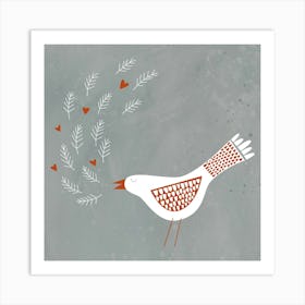 White and Red Scandinavian Bird Singing Art Print