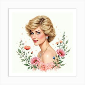 Princess Diana In Watercolor Surrounded By Gentle Summer Blooms 1 Art Print