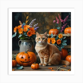 Halloween Cat With Pumpkins And Flowers Art Print