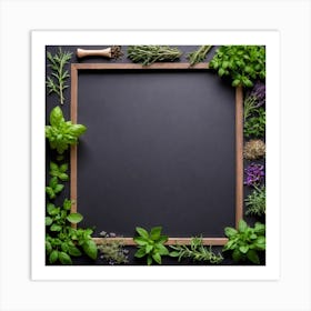 Frame With Herbs On Black Background Art Print