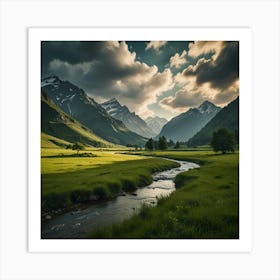 A Serene Mountain Valley With A Clear, Winding River And Lush Green Meadows 2 Art Print