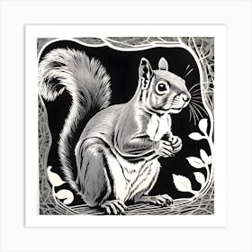 Squirrel In Black And White Linocut Art Print