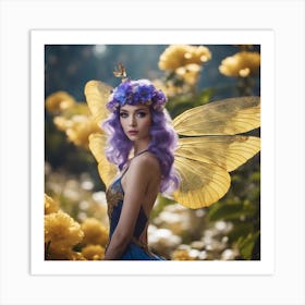 Full Body Photograph, Enchanting Woman, Flying, Beautiful, Iridescent Dragonfly Wings, Violet Hair, Art Print