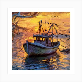 Fishing Boat At Sunset Art Print