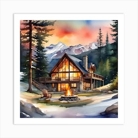 Watercolor Cabin In The Mountains Art Print