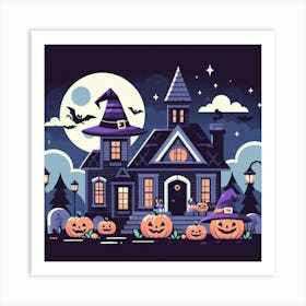 Halloween House With Pumpkins At Night - Cute Vector style Illustration 1 Art Print