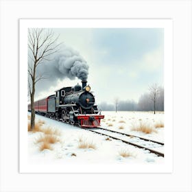 Rustic Train In A Watercolor Scene Of A Tranquil Snow Covered Field 1 Art Print