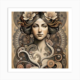 Woman With Flowers On Her Head Art Print