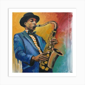 An art print showcasing an expressive and vibrant portrait of a street musician playing a saxophone, capturing the soulful energy of live music. This dynamic and culturally infused art print is perfect for music enthusiasts and those who seek to infuse their space with the spirit of jazz and artistic expression. Art Print