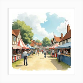 Watercolor Scene Of An English Village Fair With Games And Food Stalls 1 Art Print