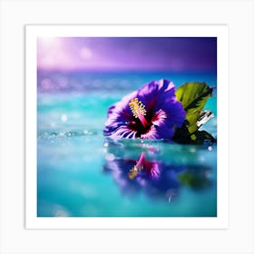Turquoise Blue Ocean with Purple Hibiscus Flower 2 Art Print
