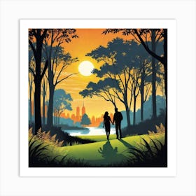 Couple Walking In The Park At Sunset Art Print