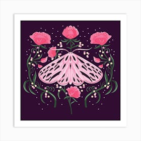 Pink Moth On Deep Purple With Flowers Square Art Print