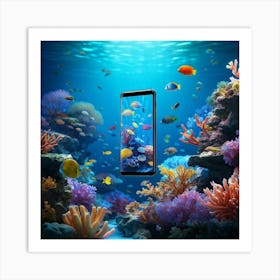 Smartphone Transitioning Into Diverse Marine Fauna Colorful Coral Reef Backdrop Subtle Gradients F Art Print