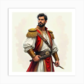 Spanish Man With A Proud Demeanor, Watercolor With Strong Strokes 1 Art Print