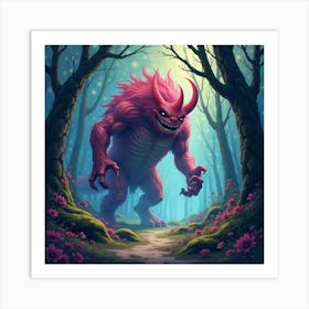 Monster In A Vivid Watercolor Forest, Surrounded By Dark Magic 1 Art Print