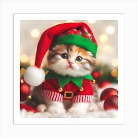 Christmas Kitten In Santa Hat Art Print