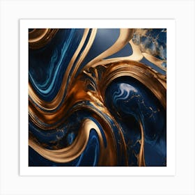 Abstract Dark Blue and Gold Marble Art Print