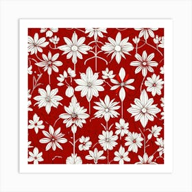 Floral Pattern On A Red Background Art Print