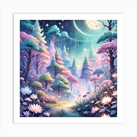 A Fantasy Forest With Twinkling Stars In Pastel Tone Square Composition 138 Art Print