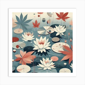 Scandinavian style, Surface of water with water lilies and maple leaves 2 Art Print
