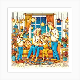 Happy Family In The Living Room 1 Art Print