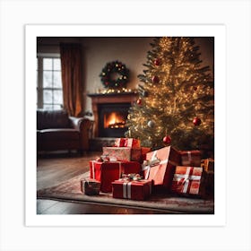 Christmas Presents Under Christmas Tree At Home Next To Fireplace Haze Ultra Detailed Film Photog (9) Art Print