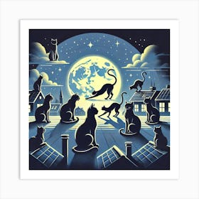 Cats And Moonlight Silhouettes Printed Art A Serene Illustration Of Cats Silhouetted Against The Moon, Perfect For Bringing Tranquility And Feline Grace To Any Cat Lover’S Space Printed Art Art Print