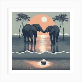 Elephants At Sunset Art Print