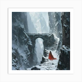 Fantasy Snowy Mountain Landscape With Lone Figure In Red Cape Art Print