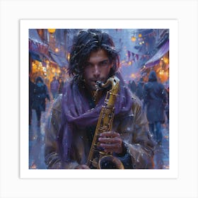 Saxophone Player In The Rain Art Print