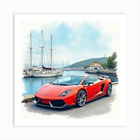 Lamborghini Gallardo Parked In A Watercolor Coastal Harbor 1 Art Print