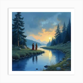 Watercolor Scene Of Elves Walking Along A Riverside Under Twilight Art Print