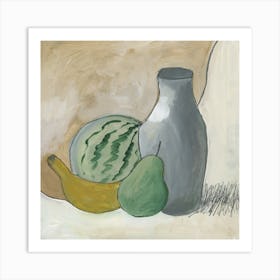 still life kitchen food watermelone banana pear vase grey beige Art Print
