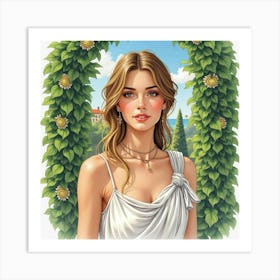 A Beautiful Greek Woman In Watercolor, Framed By The Lush Greenery Of A Mediterranean Garden 1 Art Print