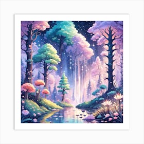 A Fantasy Forest With Twinkling Stars In Pastel Tone Square Composition 428 Art Print