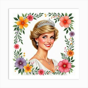 Smiling Princess Diana In A Frame Of Colorful Watercolor Flowers And Vines 1 Art Print