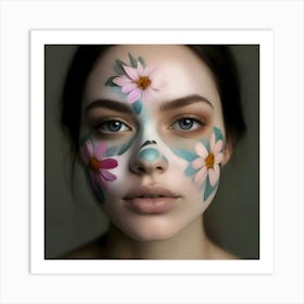 Beautiful Woman With Flowers On Her Face 4 Art Print