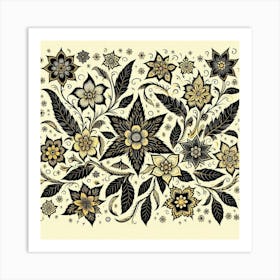 Batik, Black And Yellow Floral Pattern 2 Art Print