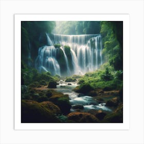 A majestic waterfall flowing through a lush rainforest1 Art Print